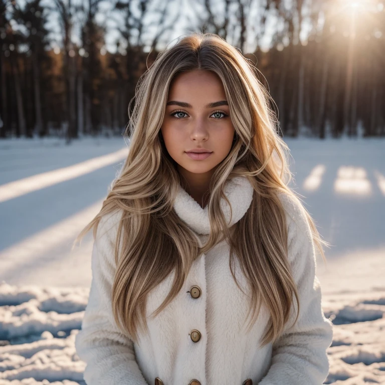 RAW photo, a 20-year-old Brazilian woman, blonde balayage, long hair, medium size breast, hour glass shaped body, (soft backlight), realistic, masterpiece, highest quality, lens flare, [[chromatic aberration]],best shadow, photorealism, hyperrealism, one girl, winter, in ukraine, wearing cute winter outfit
