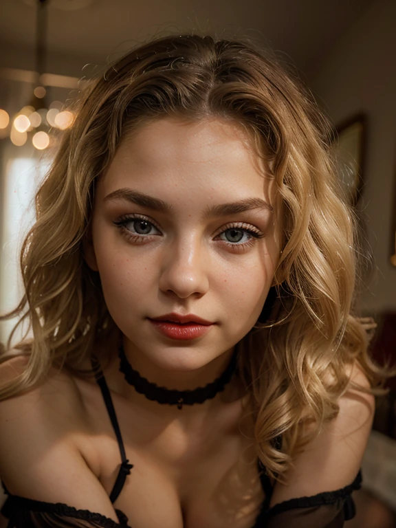 Slavic girl 26 years old, blonde hair, petite, slim, curly hair, stockings, dark red lips, lies, close look straight in to eyes, face only, photorealistic