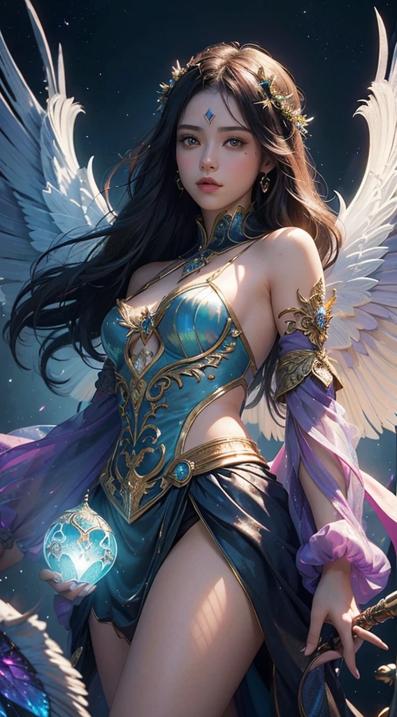 (((masterpiece))), (((Best quality))), ((ultra detailed)),(highly detailed CG illustration), ((an extremely delicate and beautiful)), Cinematic light, Create a stunning work of fantasy art that imitates the style of current masters of the genre. The artwork should contain elements of both mythical fantasy and sorcerer's tale fantasy with dreamy rainbow accents. ((Use rainbow as the main color scheme.)) The character in the artwork is a small, delicate but strong figure, with an aura of mystery and magic. (beautiful translucent wings). Pay close attention to intricate facial features, such as fascinating eyes with vibrant colors and bold shading. The character's clothing should be designed like that of a sorceress, silk, stunning embroidery, and subtle iridescent details. Incorporate (((Translucent rainbow))), dreamy colors, dynamic lighting, and detailed background elements to create a sense of wonder and immersion. Includes colorful magical flying birds and jewel-toned firepower that radiates a magical aura. Consider the latest trends in fantasy art, such as incorporating unique lighting effects, exploring dynamic and compelling composition techniques, and experimenting with unique color palettes. Get inspired by the best artists on ArtStation and Midjourney. Camera: Choose an angle that highlights the beauty of the character and enhances the magical majesty of the artwork. Lighting: Use atmospheric lighting techniques to create depth and mood. Resolution: Aim for a high-resolution artwork to show intricate details and clarity. Artistic Inspirations: Find inspiration from trending artists on ArtStation, exploring different styles, genres, and themes.