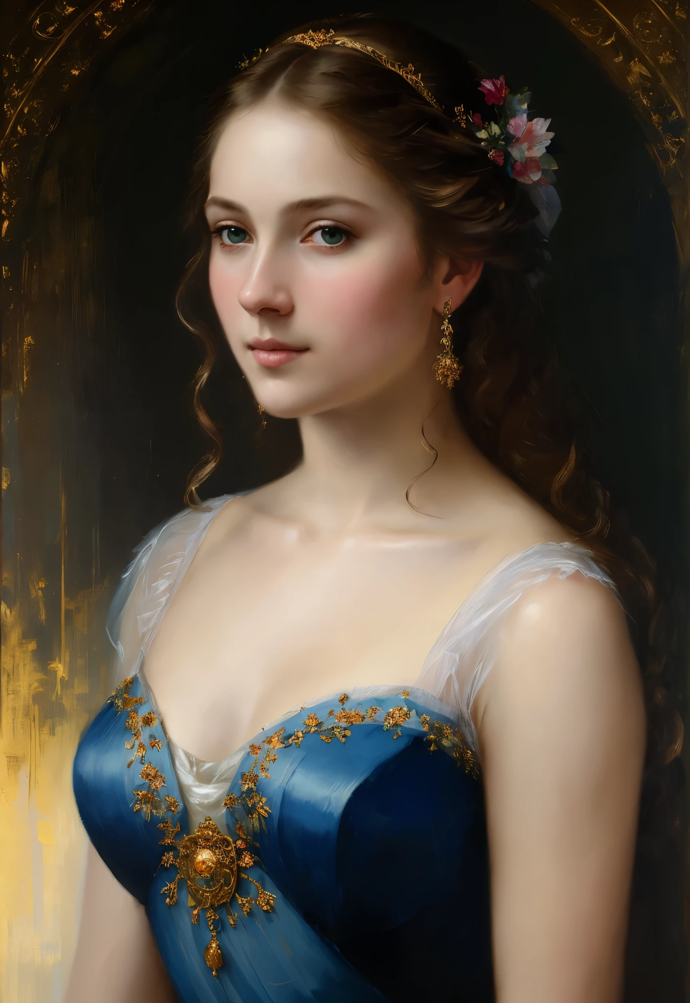 Masterpiece, Best quality, Ethereal beauty, portrait, girl, 35 years old Woman, middle ages, classicism, andrey atroshenko style, painting, traditional media, realistic, figurative, fine art, oil on canvas, HDR, 8K, original character, high resolution, high detail, focus on the face