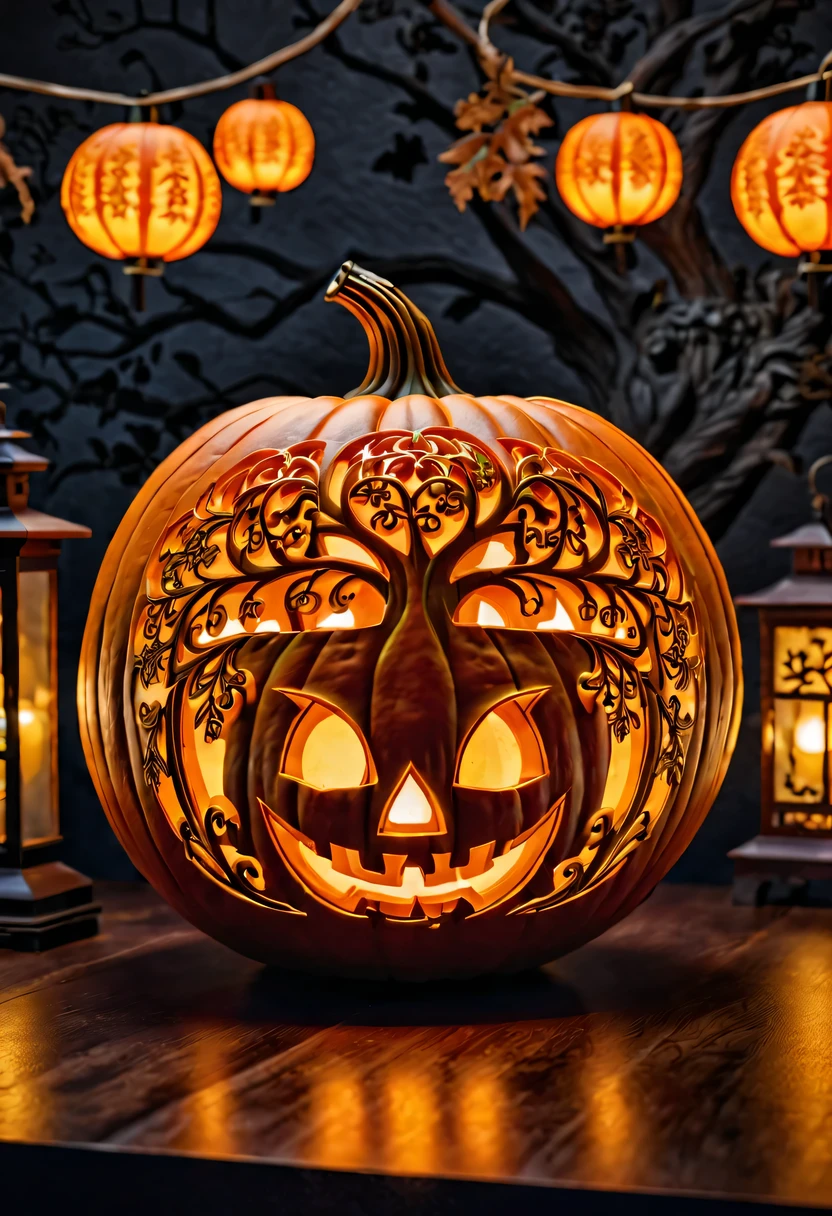 :pumpkin relief,pumpkin art,Embossed art,Elaborate relief,，surreal, high detail, detailed, lifelike, natural pumpkin color, table decorations,Carved tree pattern,Glowing lanterns，high contrast，best shadow，chiaroscuro，minimalist style