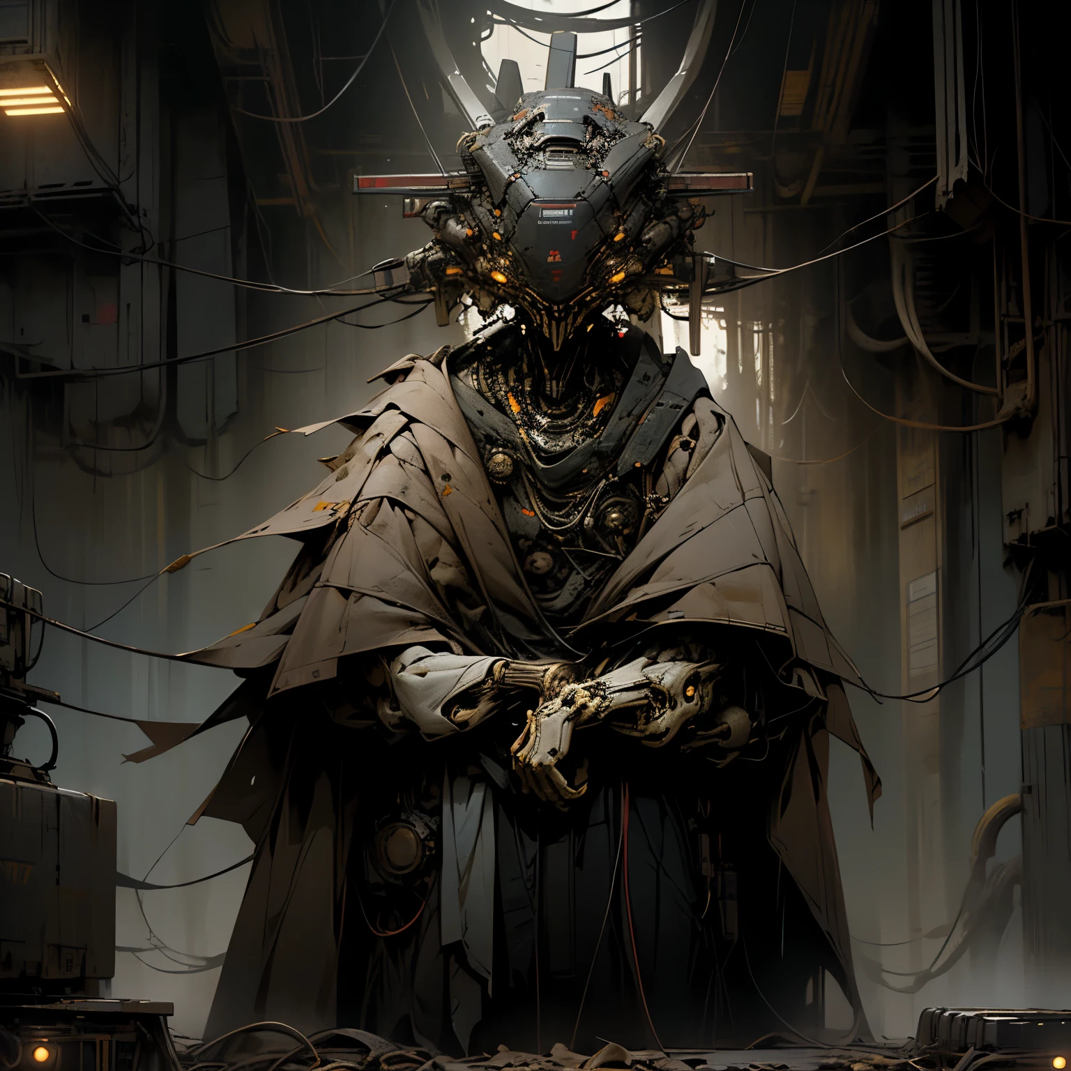 A robot being lifted into the air by wires, deteriorating mechanical body, humanoid female, tangled wires connecting to the back of the head, ominous, in a facility that is falling apart, at night, yellow glowing eyes, strung up from the ceiling,