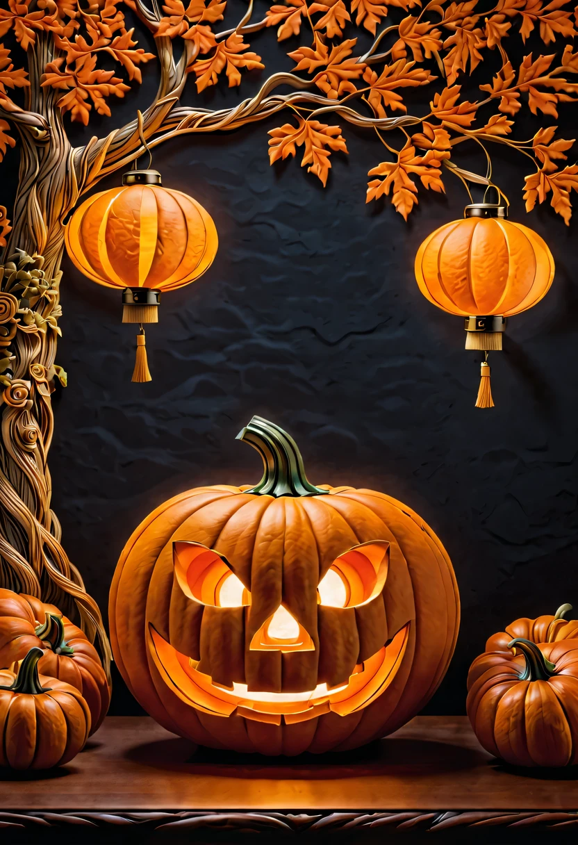 :pumpkin relief,pumpkin art,Embossed art,Elaborate relief,，surreal, high detail, detailed, lifelike, natural pumpkin color, table decorations,Carved tree pattern,Glowing lanterns，high contrast，best shadow，chiaroscuro，minimalist style