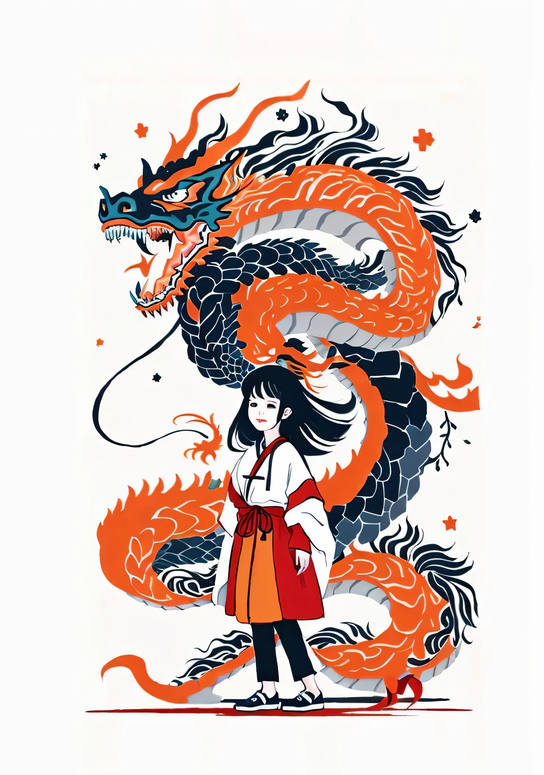 Illustration of a woman in a red coat and a dragon, dragon girl, Deng Sachin, the dragon girl portrait, in the style of Deng Sachin, japanese illustrator, A beautiful artistic illustration, age girl riding a dragon, author:Ye Ruian, Juliet Liang, Chinese dragon, Colorful illustrations, a mythical creature, Full color illustration