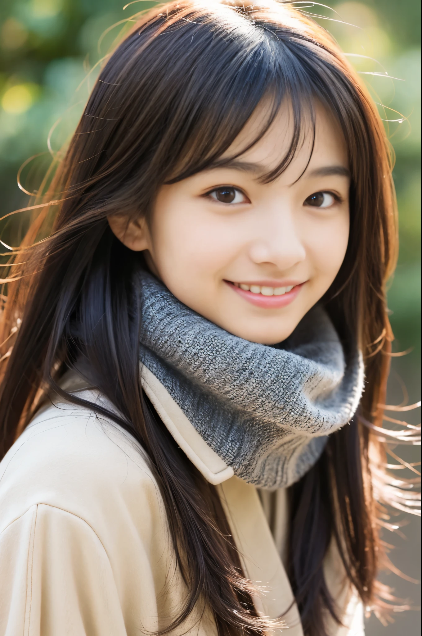 anatomically correct,masterpiece of,high resolution,((japanese hair)),((natural smile)),((hair blowing in the wind)),超detailedな、high quality texture、intricate details、detailed、非常detailedなCG、high quality shadow、Beautiful and delicate face in every detail、Beautiful and delicate eyes in every detail、Depth of bounds written、ray tracing,1 girl, japanese girl, cute, thin,woman wearing a scarf, Dressed like a college girl、japanese girl, Japanese female fashion model, beautiful young japanese woman, gorgeous young japanese woman, beautiful japanese woman, japanese girl, real anime girl, Beautiful japanese girl, japanese model, 美しいjapanese girlの顔, asian young girl
