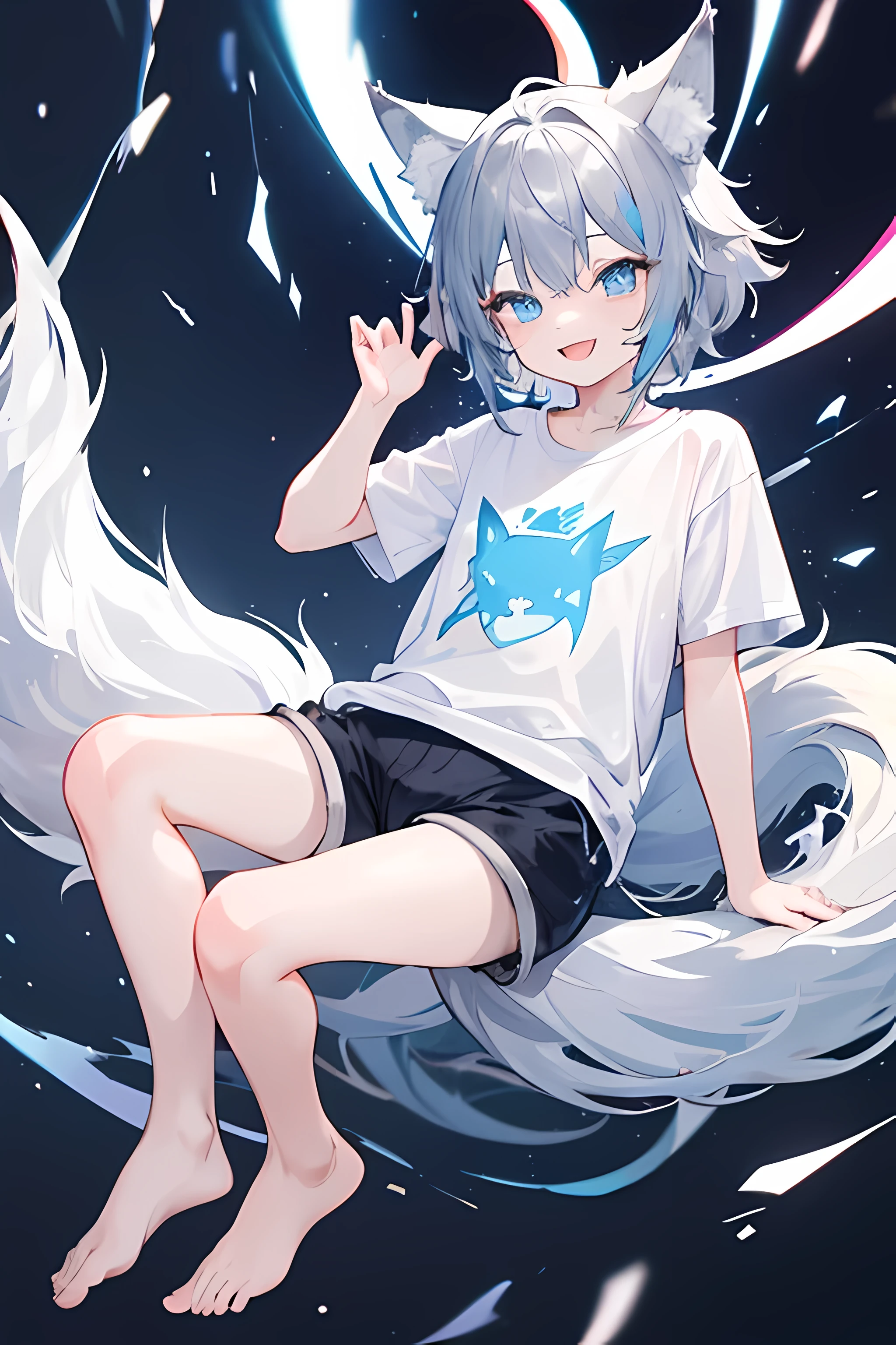 (2 boy), (Shota), (HD quality, masterpiece level), cute character, dark gray hair, ((blue shiny detailed eyes)), (wolf ears), (wolf tail:1.1), single tail, (earless ),  boy, (ears covered), (ears covered with hair), bunch of blue bangs, full body shot, chubby face, ((happy smile)), cute feet, cute face, solo, cinematic lighting, (single wolf tooth :1.3), ((short shorts, wearing a t-shirt))...