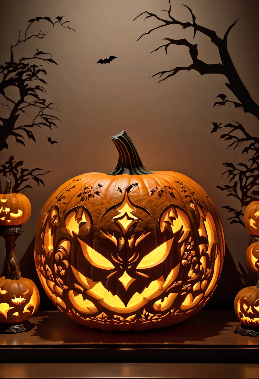 Super detailed pumpkin carving，pumpkin relief,pumpkin art,Embossed art,Elaborate relief,，surreal, high detail, detailed, lifelike, natural pumpkin color, table decorations,Engraving art bat pattern,Glowing lanterns，high contrast，best shadow，chiaroscuro，minimalist style