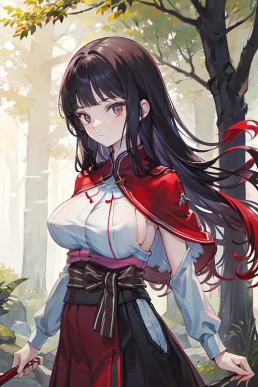 A red haired woman with red eyes is hikng with a black haired woman with brown eyes through a forest