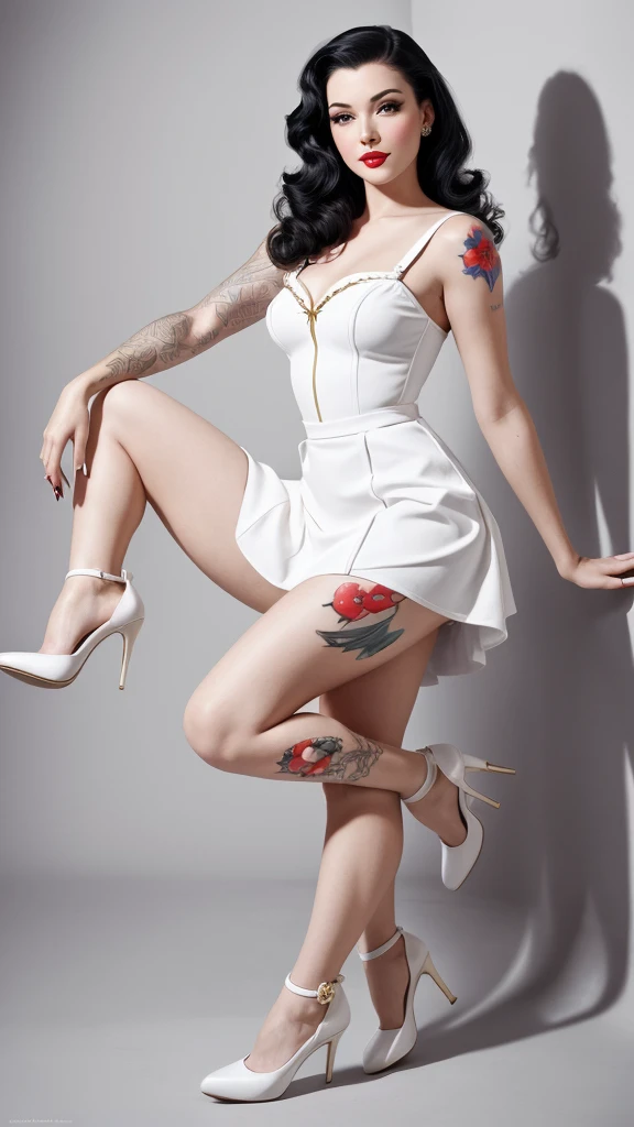 Detailed and realistic representations of Snow White, radiating a distinctive pin-up style. Very sexy. Dressed in miniskirts and white high-heeled sandals, their outfits feature the Disney character's traditional colors, ensuring they are instantly recognizable as their respective characters. Although the classic features are present, the pin-up talent is undeniable. Artistic tattoos add a contemporary touch. Their postures and expressions, combined with their pin-up outfits, create a fusion of classic Disney and vintage allure. Predominantly white photo studio background, hot photoshoot style session for a men's magazine.
Requests negative