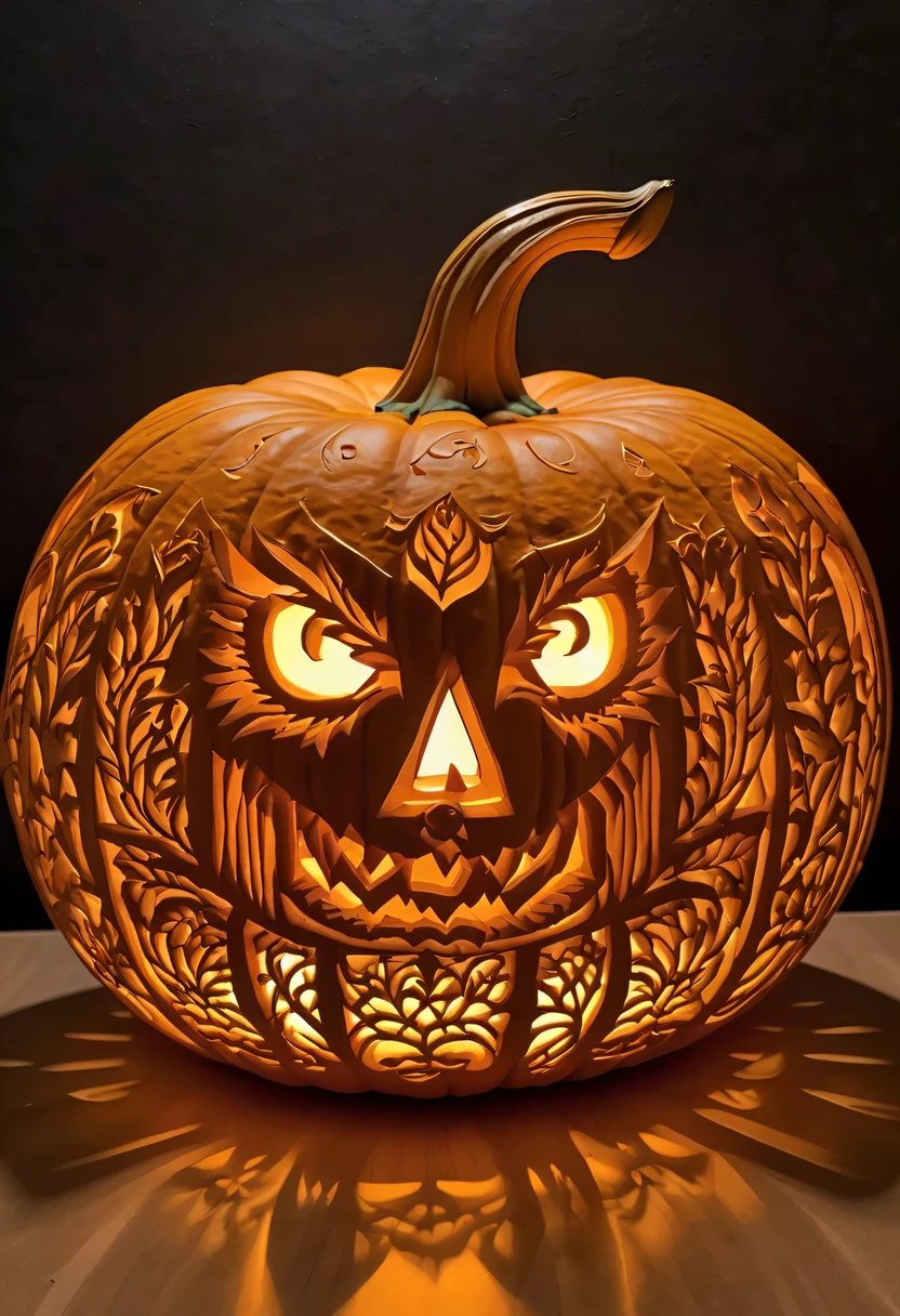 :pumpkin relief,pumpkin art,Embossed art,Elaborate relief,，surreal, high detail, detailed, lifelike, natural pumpkin color, table decorations,Engraving art pattern,Glowing lanterns，high contrast，best shadow，chiaroscuro，minimalist style