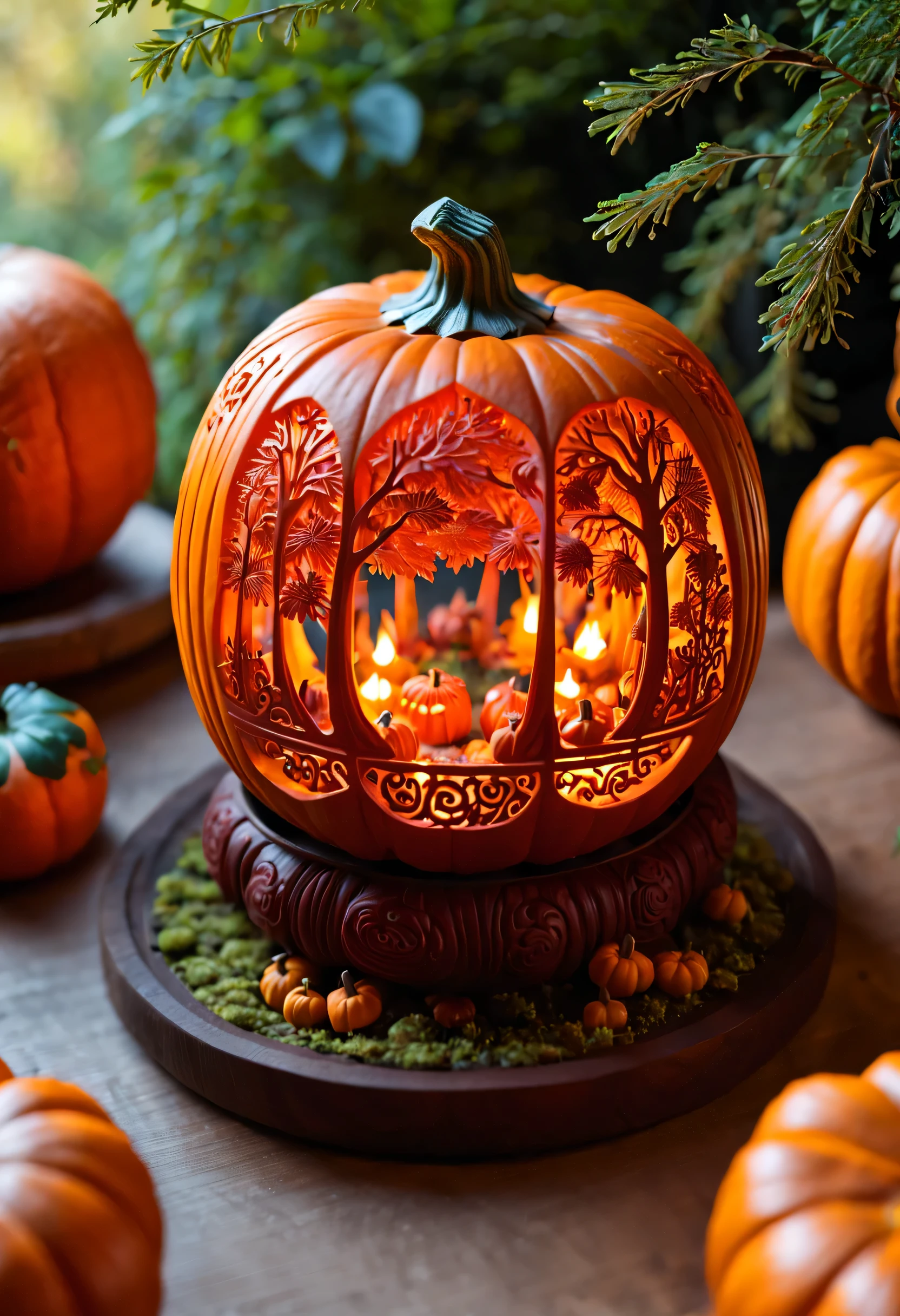 micro landscape，Pumpkin carved with fun forest pattern，pumpkin lantern，南瓜内的micro landscape，Beautiful carving pattern on pumpkin，Empty，Warm candle flame inside pumpkin，Red tassel decoration，Chinese elements，