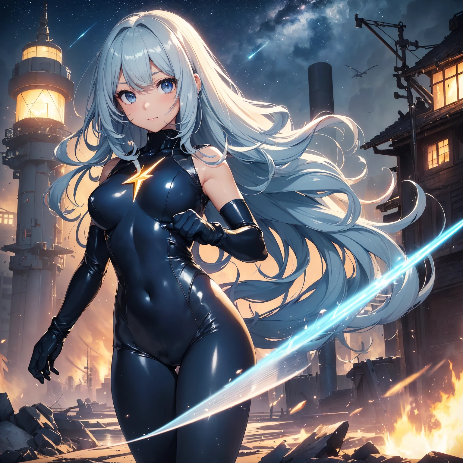 BREAK、(look at the audience、(若いcute美しい18歳の女の子:1.1)、Japanese faces、small face、3d face、beautiful girl、beautiful face、cute、Girlface、Kpop idol、Supermodel、Stunning innocent symmetrical face、perfect body、thin slim waist、make your legs thinner、(high detail skin:1.2)、shining eyes、goddess、natural skin texture、shiny skin、white skin、美しいdetailed face、detailed face、real skin texture、cute繊細な顔、detailed face、golden ratio、golden ratio率顔、gentle smile、soft expression、Expressive Ace Perfect、perfect skin、clear face、shiny hair、natural makeup、beautiful bright pupils、eyes are blue:1.3、Slender body shape、complicated eyes、long eyelashes、blush、good hand、perfect hands、clean face、Fine-grained skin、油性のshiny skin、(((((navy blue and black tight bodysuit、tight fitting clothes、clothes that cover the whole body、clothes that hide skin、gentle smile、Knee-high boots、(gloves up to the elbow:1.8)、(Clothes that hide the thighs:1.8)、(clothes that hide the legs:1.8)、exoskeleton、Science fiction、dark blue hair、very long hair、(human body as a whole:2)、(lightning discharge lightning effects:1.2)、(Electrocution:1.3)、Hold the gun、battle、(electric sparks、spark of light、Flying bullets、Dodge bulletuildings hit by missileuture technology drones hit laser weapons:1.3)、adventurous look、starry sky、colorful refraction、ワームホールのような幻想的なWind景の世界、cyber punk、Manufacturing of metal textures、neon light、(night time:1.4)、Wind、rembrandt lighting、space warp、A gathering fog、Pixel art、game art、Key Visual、Surreal、PBR texturing、Anisotropic filter for maximum clarity and sharpness、Albedo and specular maps、multilayer texture、surface shading、subpixel convolution、Accurate simulation of light-material interactions))))、(Pure Eros Face_v1:0.5)、(Ulsan-6500:0.5)、(ticker:0.6)、Facing the viewer、dynamic angle、dynamic action、dynamic action、(dynamic pose:1.2)、Kick Pose、Hit Action Pose、hit,prepare a sword,riding on motorcycle,head tilt,Legs in your own embrace,Sit leaning against the wall))、(Time Machine、Computer、skyscraper gun、weapons of the future、(Backpack:1.1)、Real World、Plankton rattle field、volumetric fog、gray fog、cigarette、 explosion、apocalyptic、destroyed city background、burning building:1.3、splash of water、starry ski、huge moon、Earth、destroyed giant robot、radio tower、airplane flying overhead、shooting star rocket truck、broken car、derailed train、tank、giant weapon、electronic equipment、Luminous mechanism)