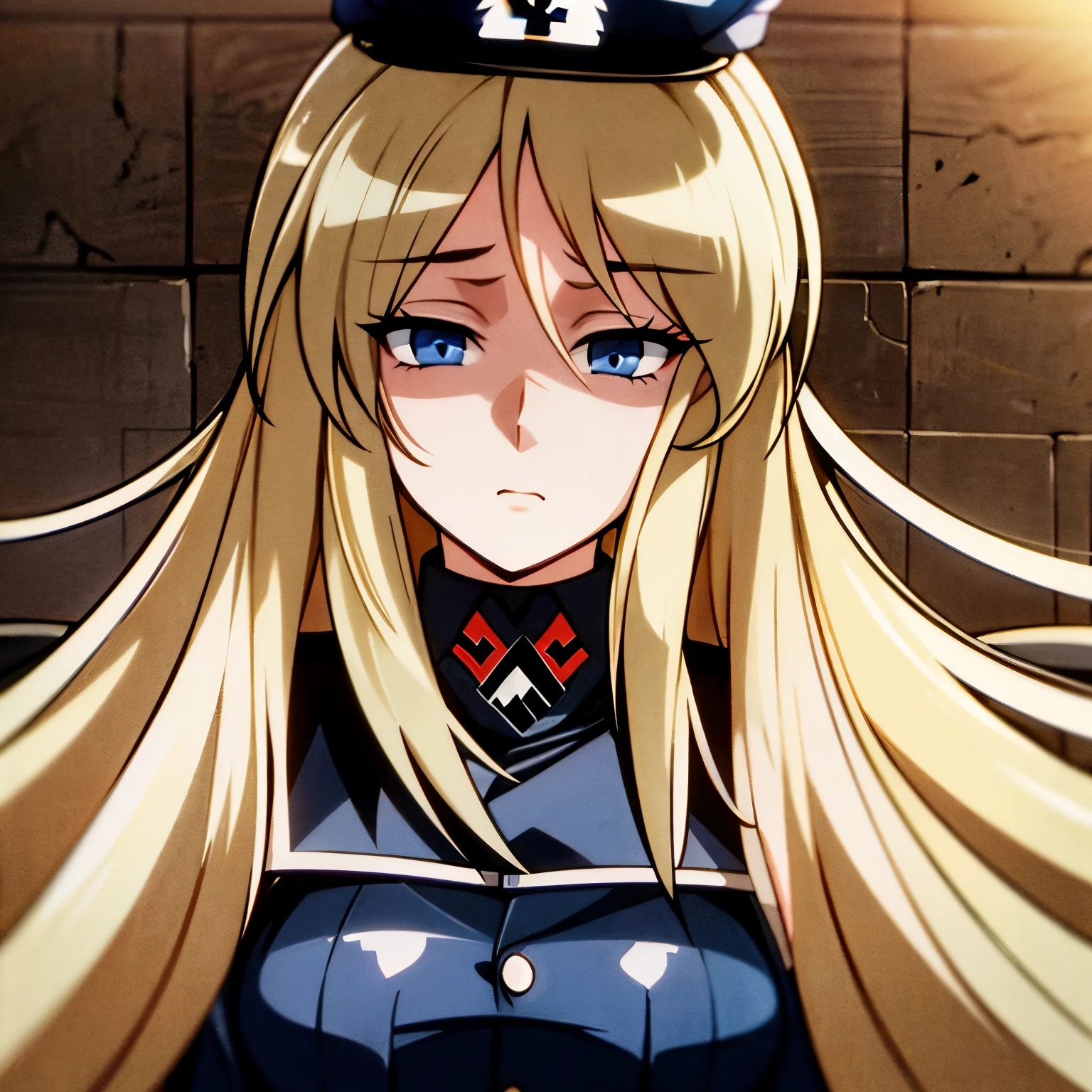 blonde blue eyes beautiful female Nazi SS,wearing a long coatTie a knot at the back,madness,insane,torturing the enemy