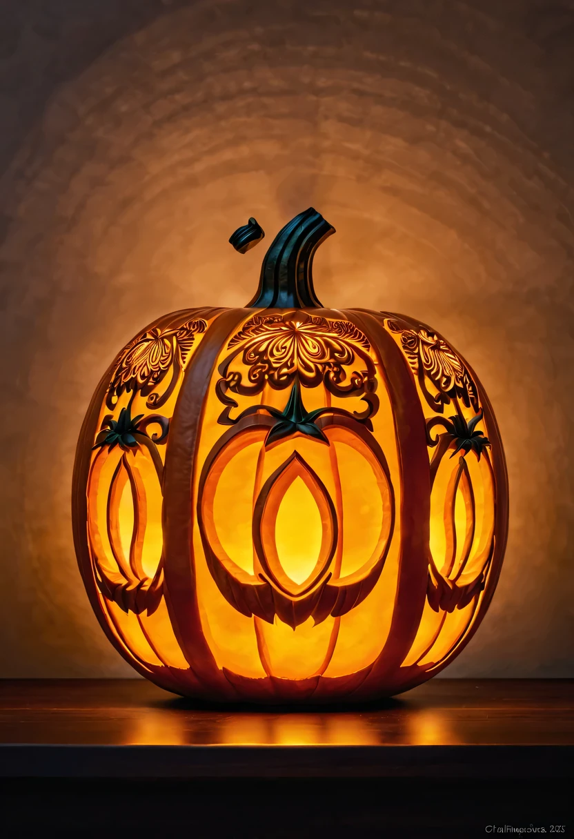 :pumpkin relief,pumpkin art,Embossed art,Elaborate relief,，surreal, high detail, detailed, lifelike, natural pumpkin color, table decorations,Engraving art pattern,Glowing lanterns，high contrast，best shadow，chiaroscuro，minimalist style