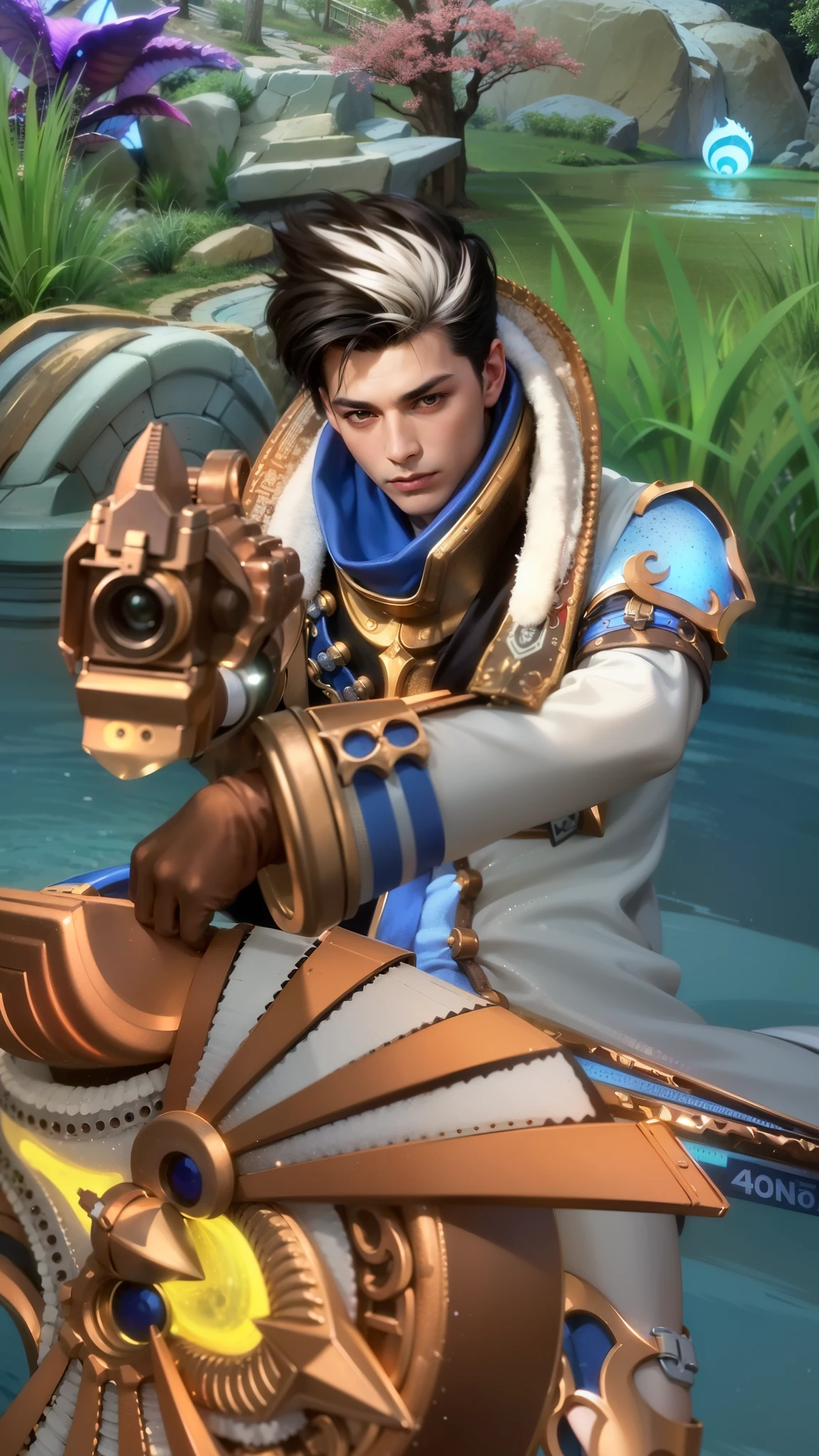 masculine male, masterpiece, ((perfect eyeest quality, (semirealism:1.9), beautiful lighting, (extremely detailed CG unity 4k fhd wallpaper), High Detail, Sharp focus, dramatic outdoors, 1 boy ,19 years old, black white hair, light purpel eyes, 1boy,blue hair, best quality, photo, 4k,looking at viewer,full body,wear red armor.