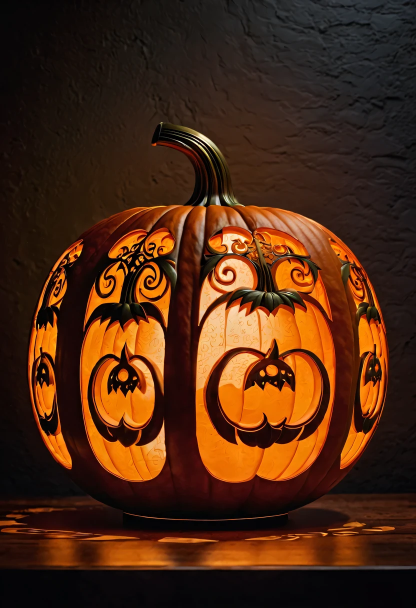 :pumpkin relief,pumpkin art,Embossed art,Elaborate relief,，surreal, high detail, detailed, lifelike, natural pumpkin color, table decorations,Engraving art pattern,Glowing lanterns，high contrast，best shadow，chiaroscuro，minimalist style
