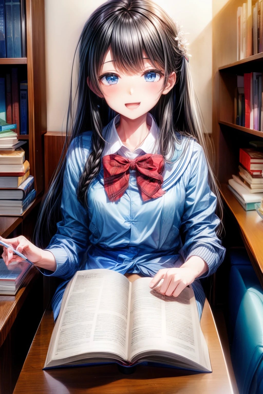 (masterpiece, best quality:1.2), <lyco:castlevania_aulin-11:1.0>, solo, 1girl, charlotte aulin, expressionless, closed mouth, looking at viewer, sitting, chair, ascot, capelet, skirt, blue thighhighs, indoors, library