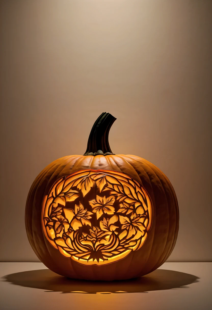 :pumpkin relief,pumpkin art,Embossed art,Elaborate relief,，surreal, high detail, detailed, lifelike, natural pumpkin color, table decorations,Engraving art pattern,Glowing lanterns，high contrast，best shadow，chiaroscuro，minimalist style