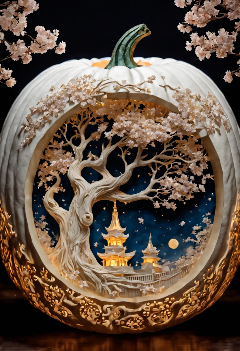 Intricately carved white pumpkin of cherry blossom trees, Jack-o'-Lantern in the moonlight, large moon in the starry night sky. Photography taken by canon eos r5, intricate, highly detailed, fantasy, perfect white balance, action shot, glow, sunlight, uhd edge lighting, prime photography, crisp and smooth line quality, intricate and cinematic details, vibrant nature, warm colors, Artstation, Pinterest