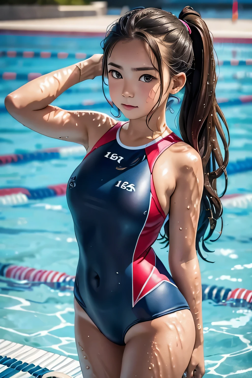 Fille qui marche sur la plage, ((((())))), réaliste, (réaliste face), (((maillot de bain))), Montrant par inadvertance le nombril, Cheveux humide: 1.6, corps mouillé: 1.4, cheveux bruns. vue arrière,