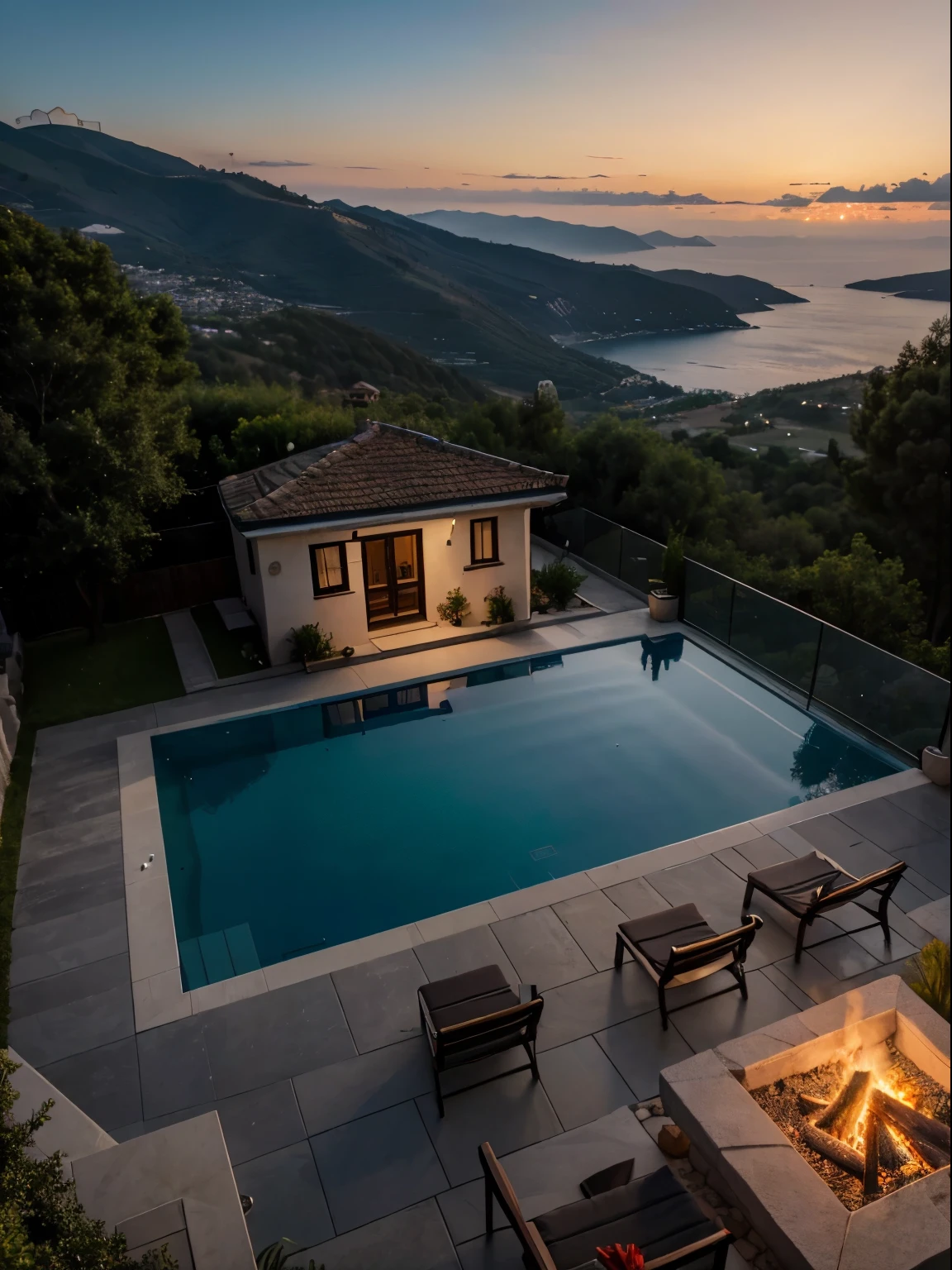 (ultra-realistic,8k,highres,masterpiece:1.2),modern big house on top of the mountain,villa, beautiful view to sea, gorgeous magical sunset, pool, campfire