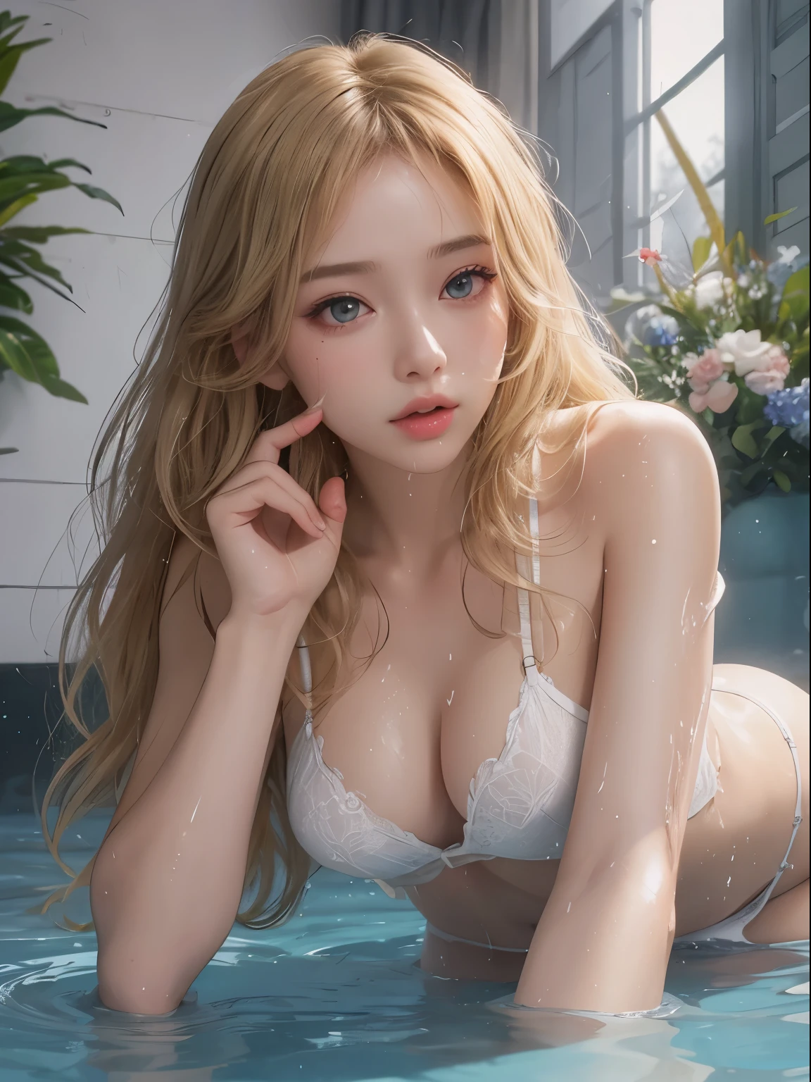 (((extreme beauty)))、((glowing skin))、light blue micro bikini、lacy fabric、（Very small swimsuit）、16 year old beautiful girl from Prague、tears、((Natura blonde hair))、shiny, glowing skin、silky hair((masterpiece、最high quality、Super detailed、film light、High resolution、very detailed))、detailed background、8KUHD、soft light、high quality、soft light、rich bust、deep cleavage、touching the chest、get down on all fours、stick out your butt、（The gesture of combing your hair with one hand）、transparent fabric、（（（The whole body is covered in white liquid）））、soaking wet、white mucus dripping on the chest,mouth is slightly open、I take a shower、wet hair、The light reflects strongly on the chest、protruding nipples