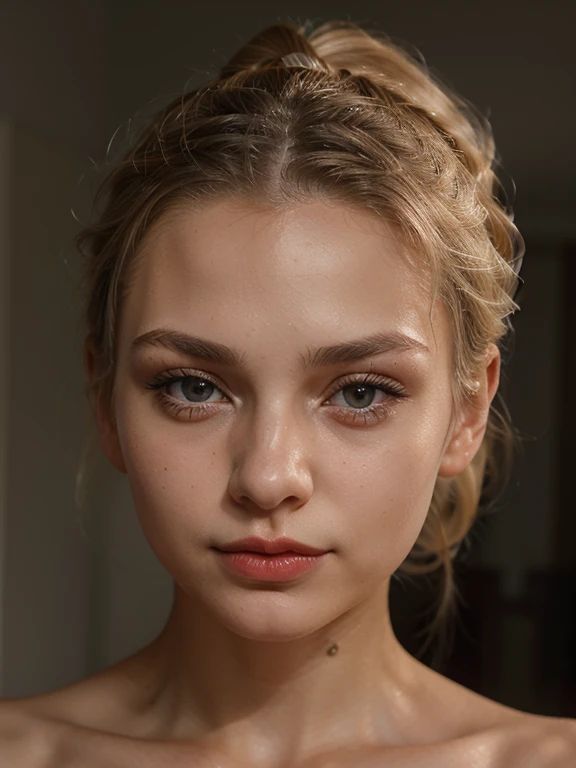 Slavic girl 26 years old, blonde hair, petite, slim, ponytail, dark red lips, close look straight in to eyes, face only, photorealistic, naked