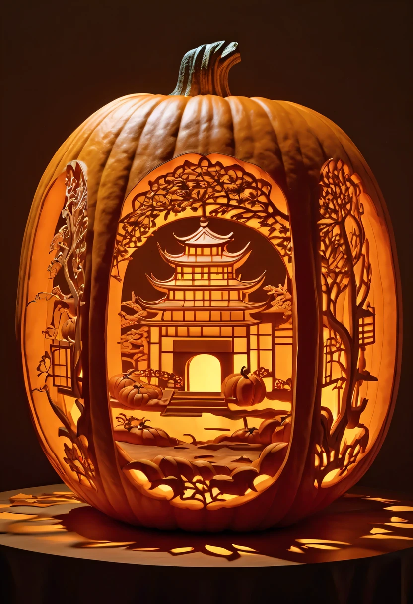 Super detailed pumpkin carving,pumpkin relief,pumpkin art,Embossed art,Elaborate relief,,surreal, high detail, detailed, lifelike, natural pumpkin color, table decorations,Engraving Chinese Art Patterns,Glowing lanterns,high contrast,best shadow,chiaroscuro,minimalist style