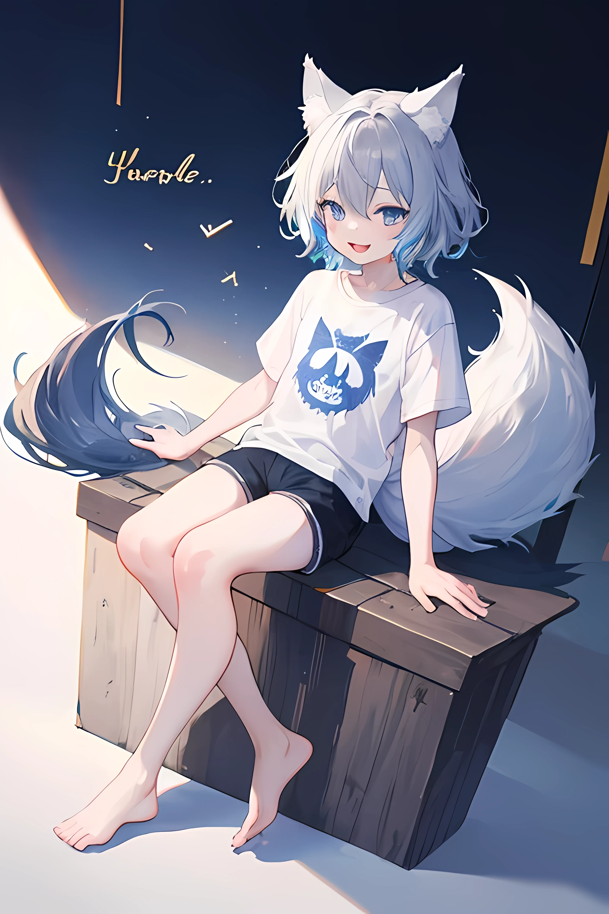 (2 boy), (Shota), (HD quality, masterpiece level), cute character, dark gray hair, ((blue shiny detailed eyes)), (wolf ears), (wolf tail:1.1), single tail, (earless ),  boy, (ears covered), (ears covered with hair), bunch of blue bangs, full body shot, chubby face, ((happy smile)), cute feet, cute face, solo, cinematic lighting, (single wolf tooth :1.3), ((short shorts, wearing a t-shirt))...