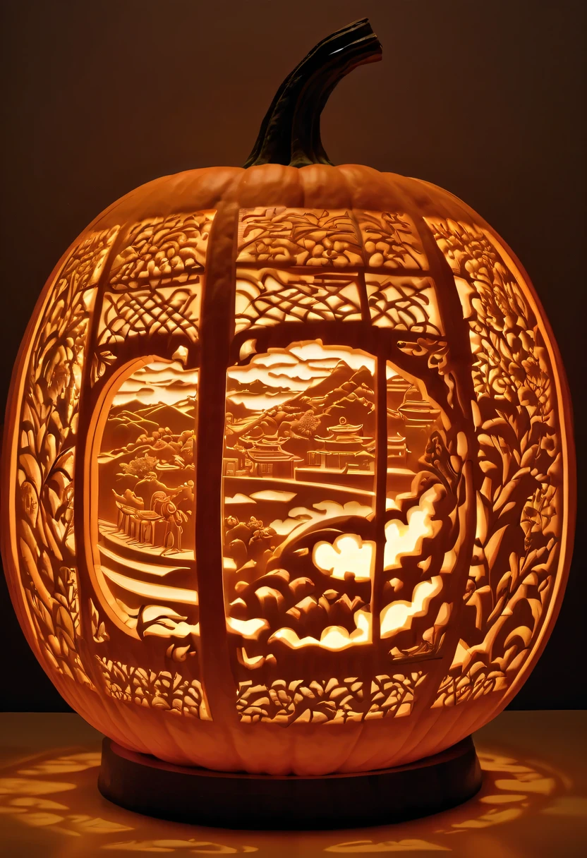 :pumpkin relief,pumpkin art,Embossed art,Elaborate relief,，surreal, high detail, detailed, lifelike, natural pumpkin color, table decorations,Engraving art pattern,Glowing lanterns，high contrast，best shadow，chiaroscuro，minimalist style