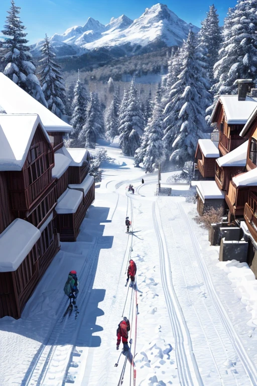 There a mountain covered with snow,There are trees,There'another person on skis, winter concept art, snowy environment, snow scene background, ski resort, snowy mountain background, snow scene, snow scene, snow wasteland, beautiful anime scenes, anime scenery, Snowy background, anime background, Snow-capped mountain scenery, background artwork, anime movie background, snow scene, anime scene, anime scenery