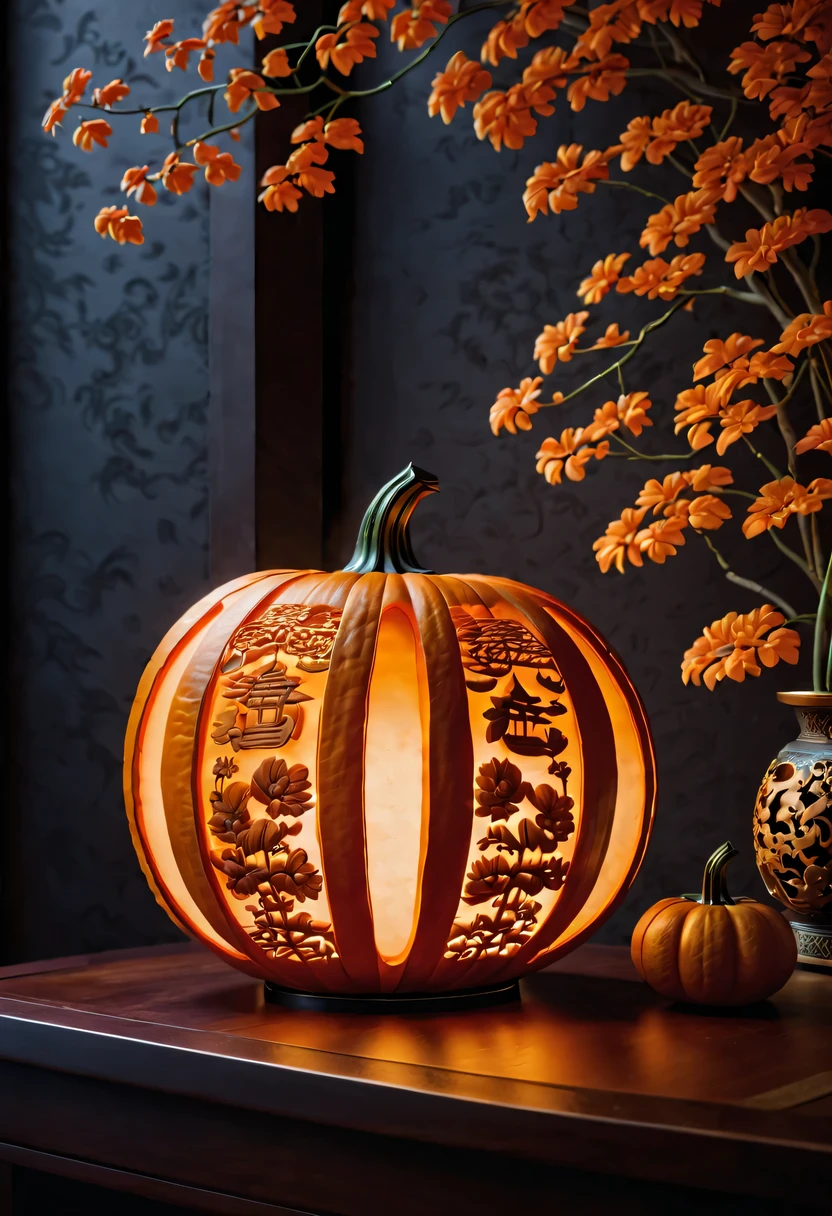 :pumpkin relief,pumpkin art,Embossed art,Elaborate relief,，surreal, high detail, detailed, lifelike, natural pumpkin color, table decorations,Engraving art pattern,Glowing lanterns，high contrast，best shadow，chiaroscuro，minimalist style