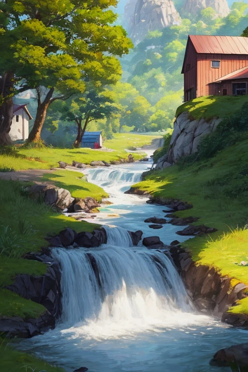 A painting of a barn in a field,There a stream flowing through it, anime jade camping, anime rural scenery, Today’s recommended anime still, anime scenery, Madhouse studio anime style, anime background, Yu Ruying, anime background艺术, Xin Haicheng's style, ( ( Xinhai sincerely ) ), 美丽的anime scenery, 2 0 1 9 animation screenshots
