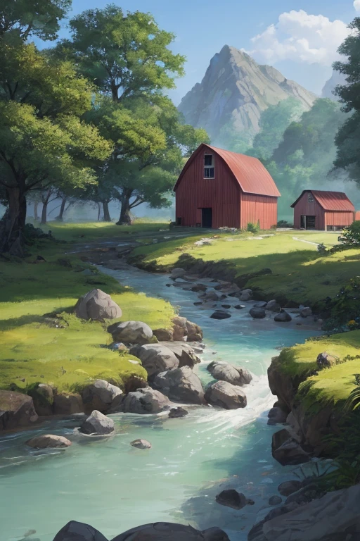 A painting of a barn in a field,There a stream flowing through it, anime jade camping, anime rural scenery, Today’s recommended anime still, anime scenery, Madhouse studio anime style, anime background, Yu Ruying, anime background艺术, Xin Haicheng's style, ( ( Xinhai sincerely ) ), 美丽的anime scenery, 2 0 1 9 animation screenshots