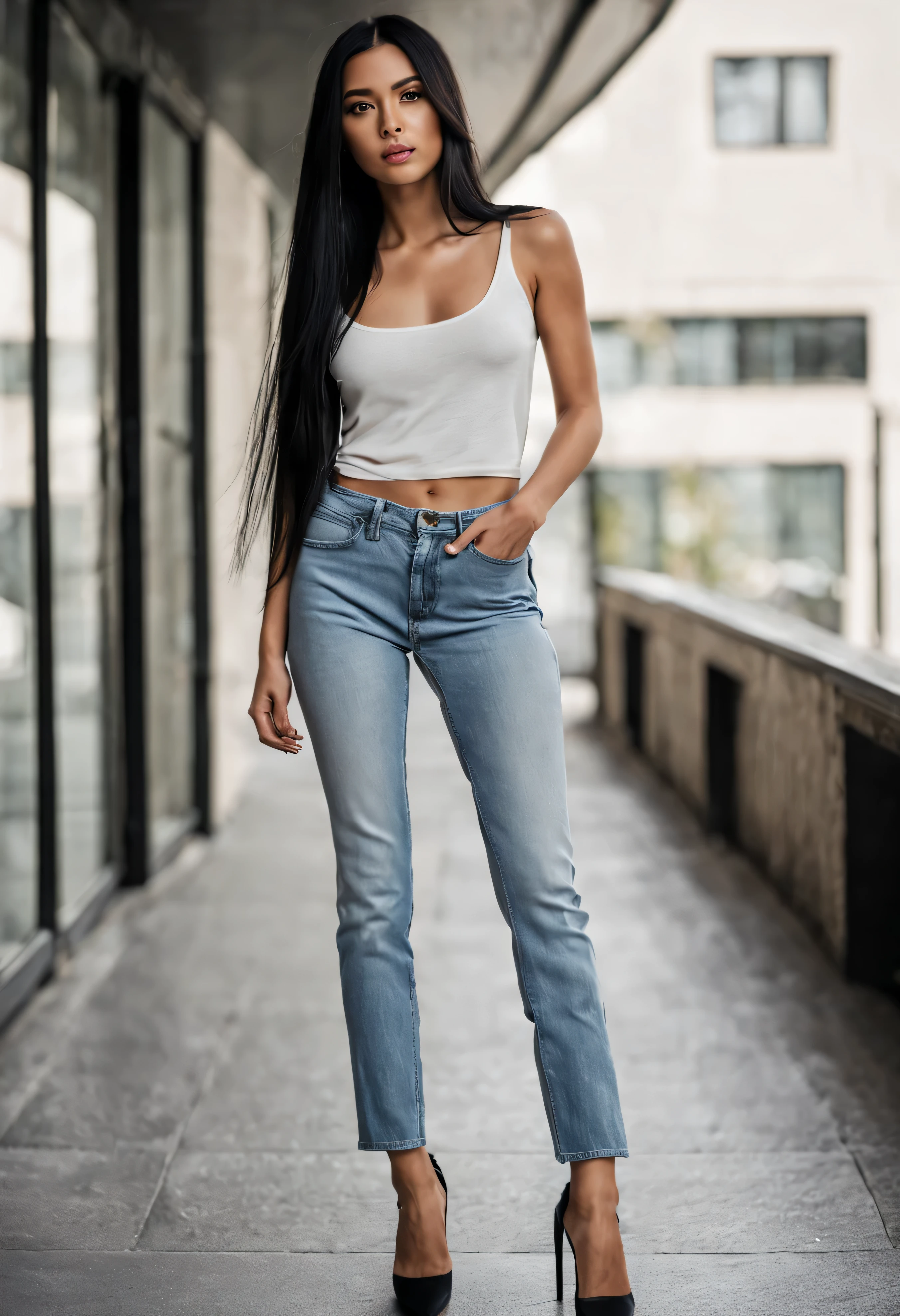 woman, full body shot, body with brunette skin, black hair, straight long hair, in trendy clothes, tall.