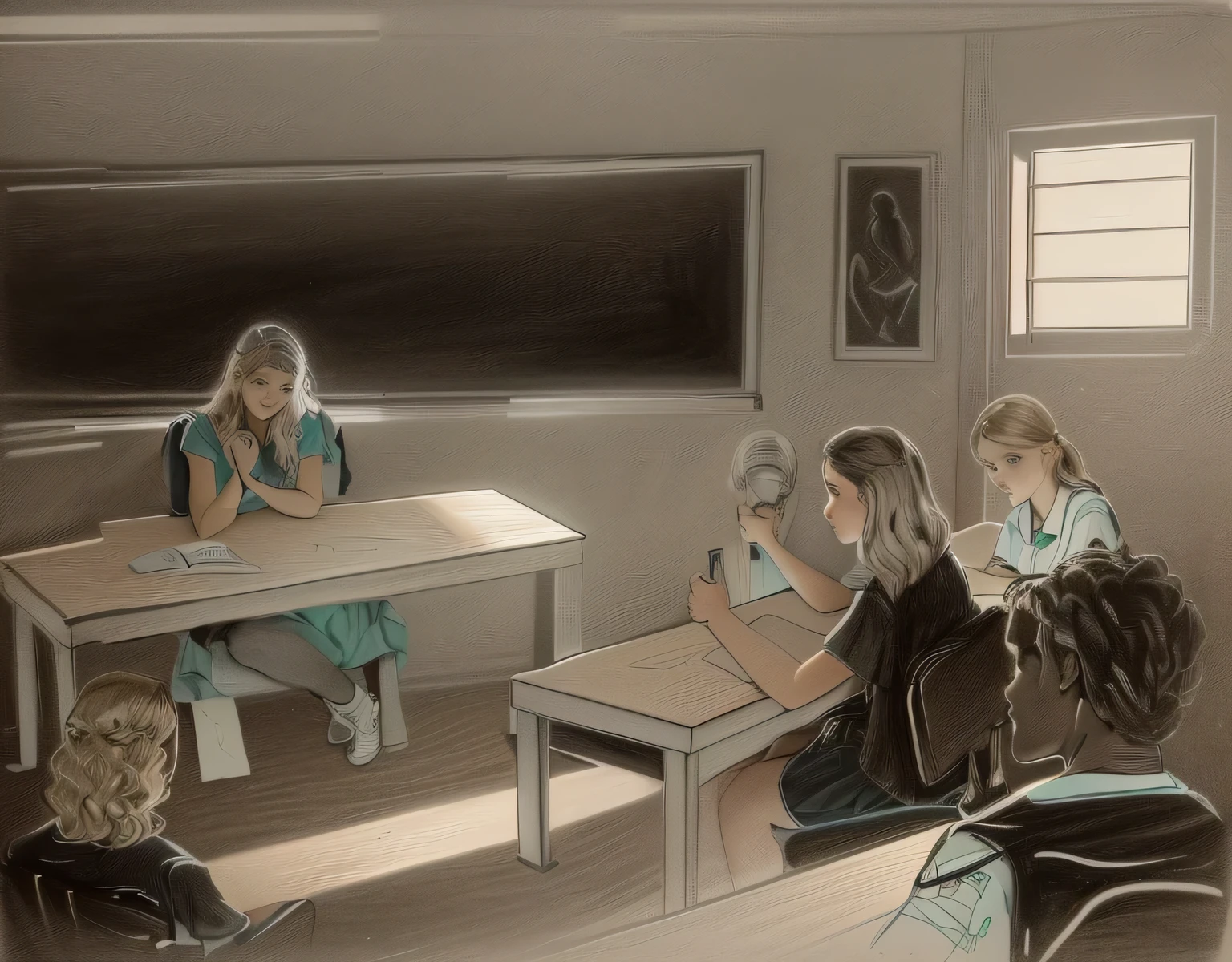 a drawing of a group of people sitting at a table na sala de aula, classe de escola, na sala de aula, sala de aula doodle, sentado na sala de aula, sala de aula, Art not in the style of Terry Moore, commercial illustration, sala de aula da escola, Black and white illustration, estudante, cena complexa, in a sala de aula da escola, desenho do tribunal, courtroom drawing, Linha - Arte, Fechar cena