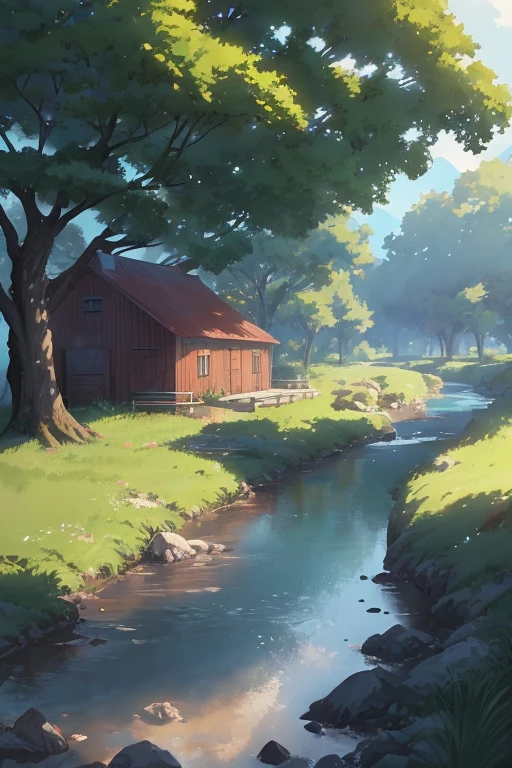 A barn in a field with a small stream flowing through it, anime-style campground, anime countryside scenery, today's recommended anime, anime landscape, Studio Ghibli anime style, anime background, Yu Ru Ying, anime background art, Makoto Shinkai's style, (Makoto Shinkai:1.1), beautiful anime scenery, 2019 anime screenshot
