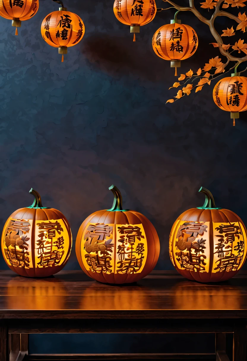 :pumpkin relief,pumpkin art,Embossed art,Elaborate relief,，surreal, high detail, detailed, lifelike, natural pumpkin color, table decorations,Engraving art pattern,Glowing lanterns，high contrast，best shadow，chiaroscuro，minimalist style