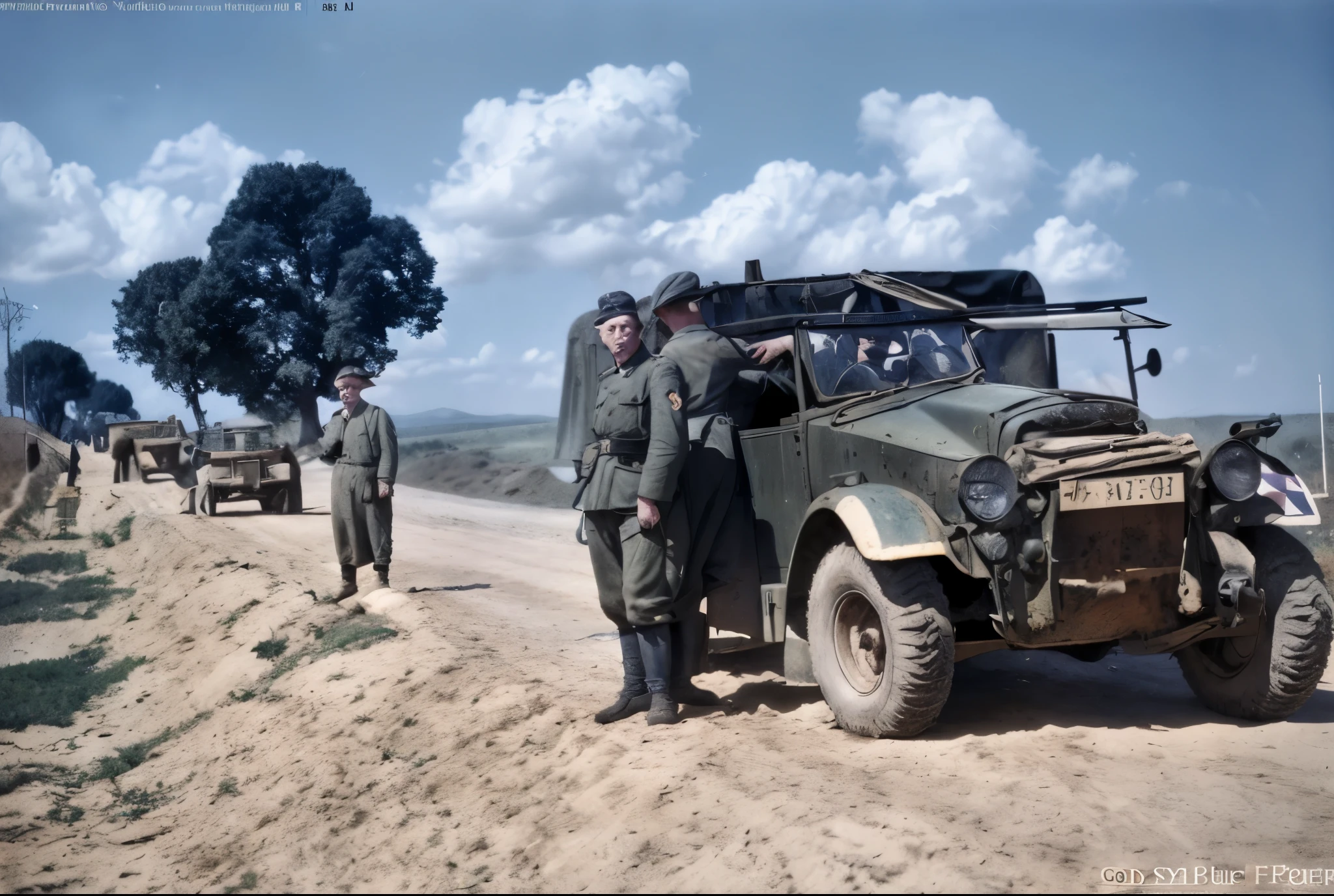 there are two men standing next to a truck on a dirt road, RAW photo in color, colourized, ww 2 historical photography, by Rudolf Freund, ww2 historical photography, by Kurt Seligmann, by Hans Schwarz, colourised, award winning colorized photo, colorized photograph, taken on a ww 2 camera, taken on a ww2 camera