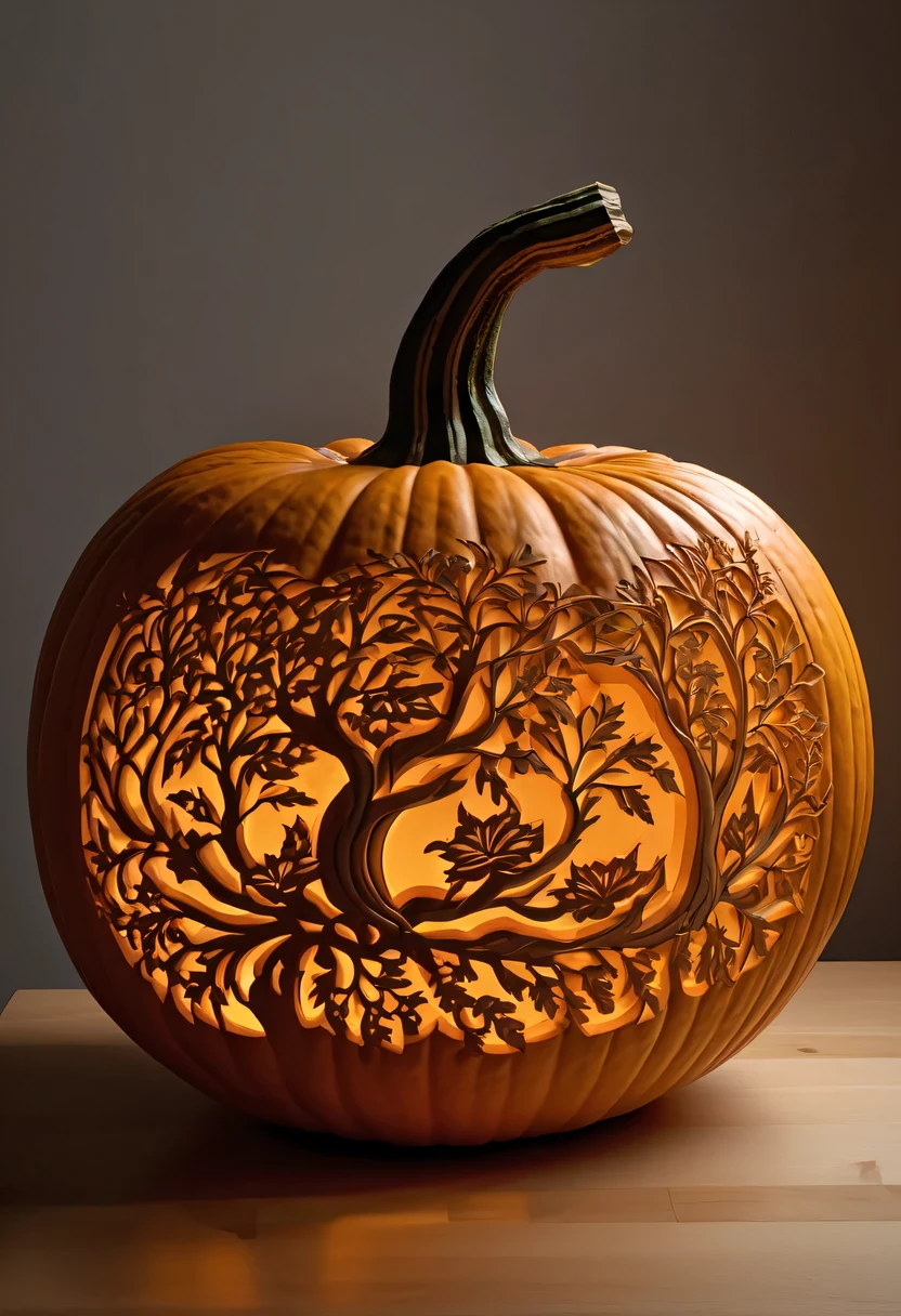 :pumpkin relief,pumpkin art,Embossed art,Elaborate relief,，surreal, high detail, detailed, lifelike, natural pumpkin color, table decorations,Engraving art pattern,Glowing lanterns，high contrast，best shadow，chiaroscuro，minimalist style