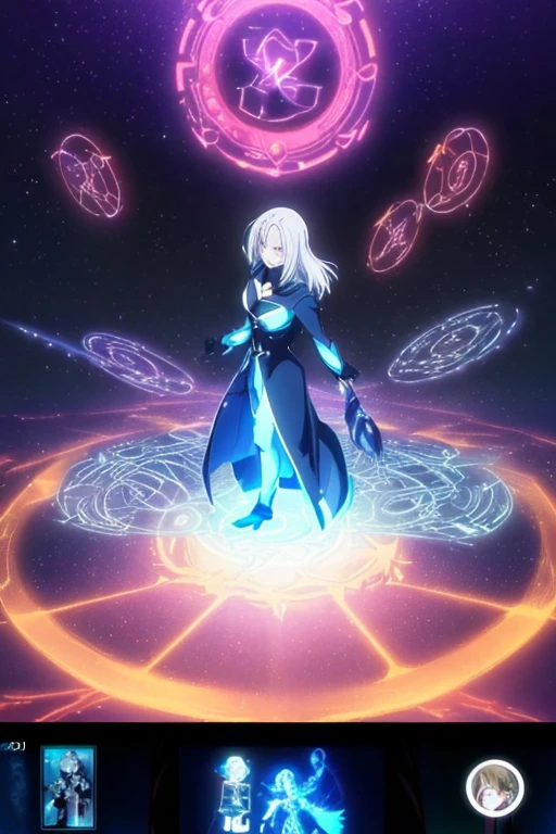 Statue of a girl. gray skin. gray hair. Long hair is gathered into a complex hairstyle. Drawings of glowing runes on clothes and body. Glowing symbol in the center of the chest. Long sleeves.