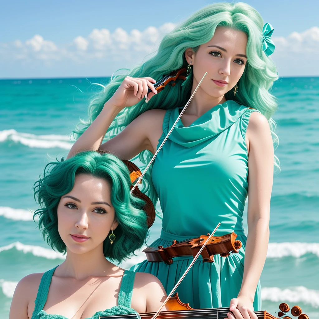 "(Mature and realistic portrayal:1.2) Sailor Neptune exuding confidence as she holds a violin, her sea-green hair cascading down, adorned in stylish sea-green denim clothes from the 2000s, with a backdrop filled with hair bows."