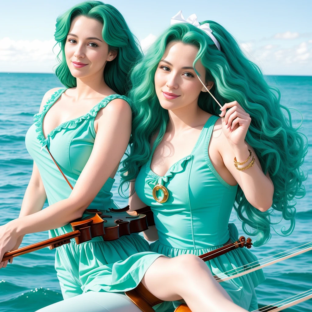 "(Mature and realistic portrayal:1.2) Sailor Neptune exuding confidence as she holds a violin, her sea-green hair cascading down, adorned in stylish sea-green denim clothes from the 2000s, with a backdrop filled with hair bows."