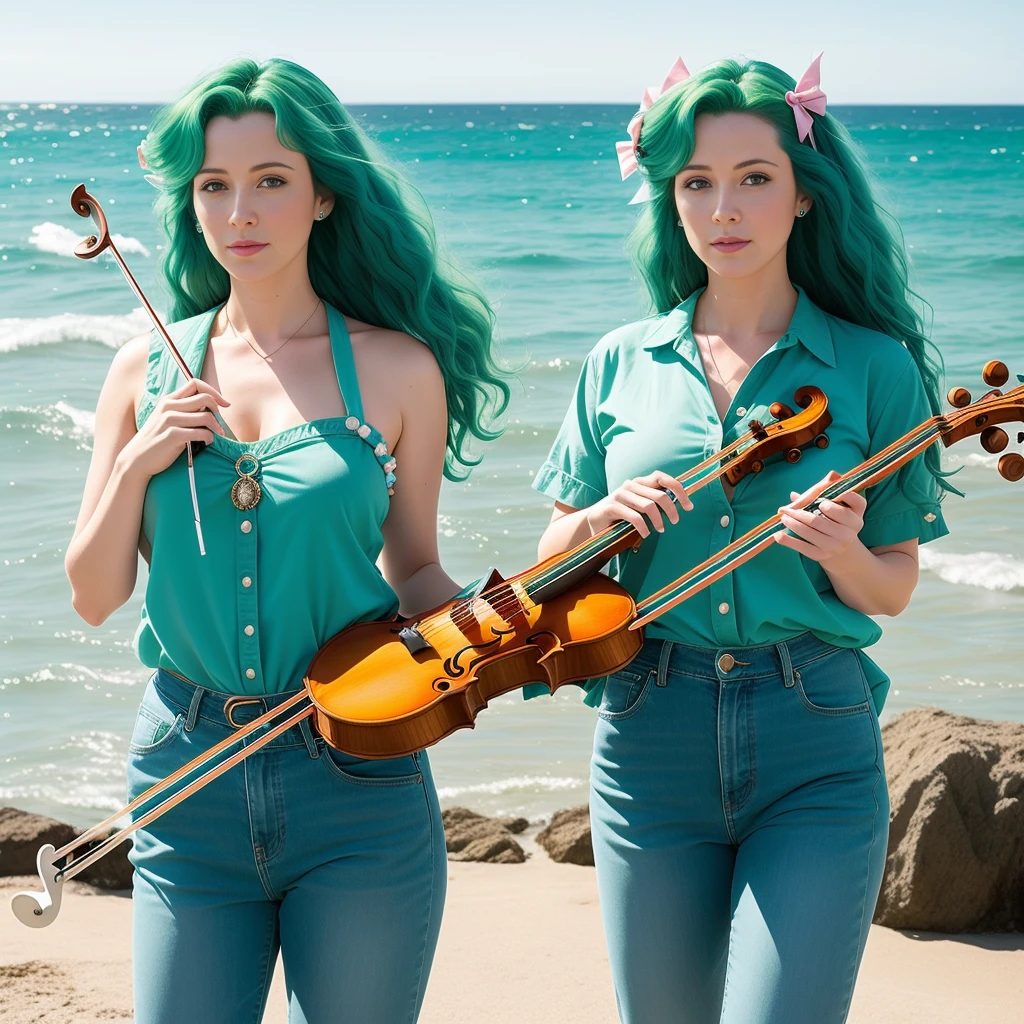 "(Mature and realistic portrayal:1.2) Sailor Neptune exuding confidence as she holds a violin, her sea-green hair cascading down, adorned in stylish sea-green denim clothes from the 2000s, with a backdrop filled with hair bows."