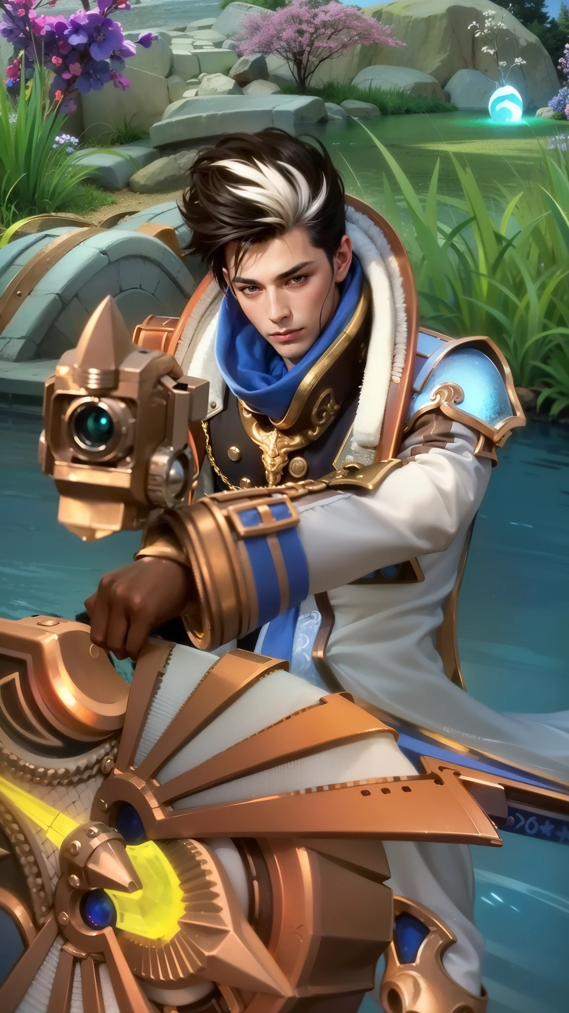 masculine male, masterpiece, ((perfect eyeest quality, (semirealism:1.9), beautiful lighting, (extremely detailed CG unity 4k fhd wallpaper), High Detail, Sharp focus, dramatic outdoors, 1 boy ,19 years old, black white hair, light purpel eyes, 1boy,blue hair, best quality, photo, 4k,looking at viewer,full body,wear red armor.