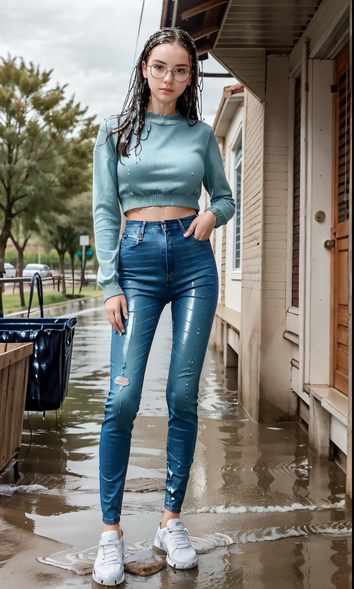 RAW photo, photo realistic:1.2, ultra high resolution, highly detailed face, highly detailed eyes, perfect , super detailed skin, , UHD, (wet clothes:1.6),
(dynamic angle), (dynamic pose:1.2), outdoors, rural town, pouring rain, (legs focus), (full body:1.2), (beautiful face), (beautiful eyes), (beautiful legs:1.3),
1girl, 20-year-old, European woman, blonde hair, straight and sleek hair,  lenght blonde hair, forehead, blue eyes, (black frame glasses), large breast, (green jumper:1.2), skinny, wide hips, thin waist, (skinny jeans:1.4), (medium blue jeans:1.4), (white sneakers:1.2)