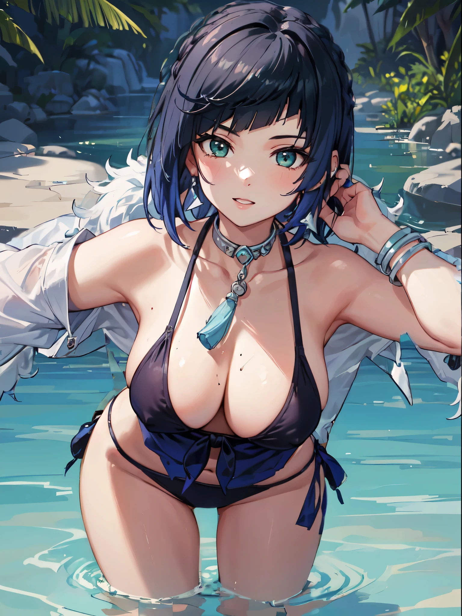 Yelan com um rosto suave e sexy. is ONLY wearing a bikini. Seus peitos ficam mais chamativos com o ambiente