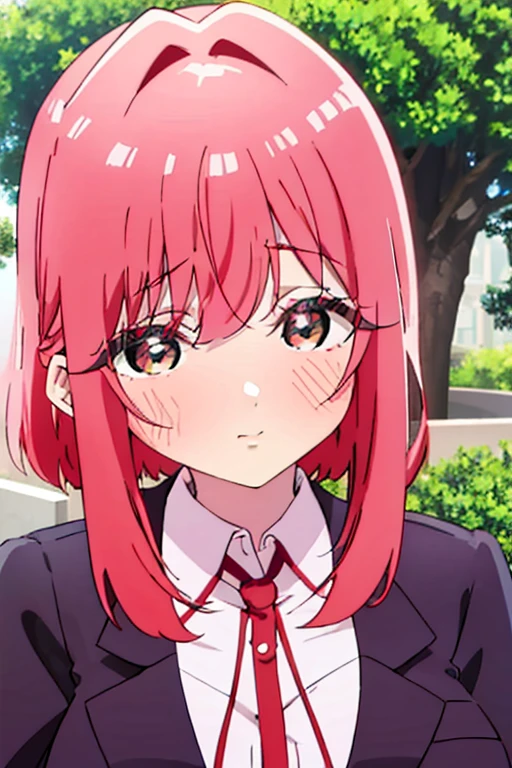 a red haired woman with red eyes is blushing in the park
