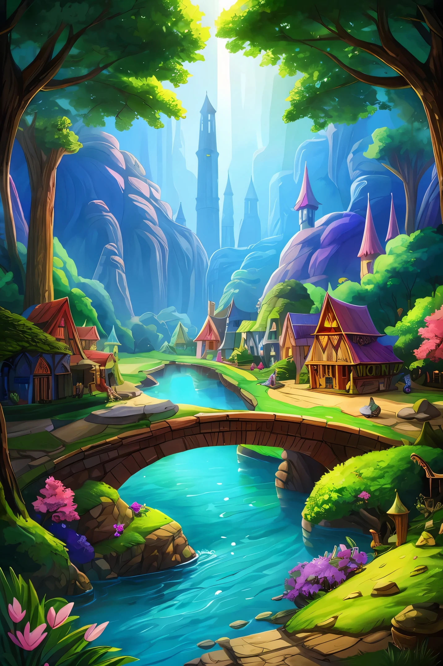 Colorful woods，Cartoon illustration of fantasy forest with tree house and stream, colorful concept art, made of tree and fantasy valley, arte de fundo, fairy kingdom forest, Stylized concept art, enchanted magical fantasy forest, magical fantasy 2 d concept art, fairy tale style background, a bustling magical town, whimsical fantasy landscape art, elf forest background, medeival fantasy town