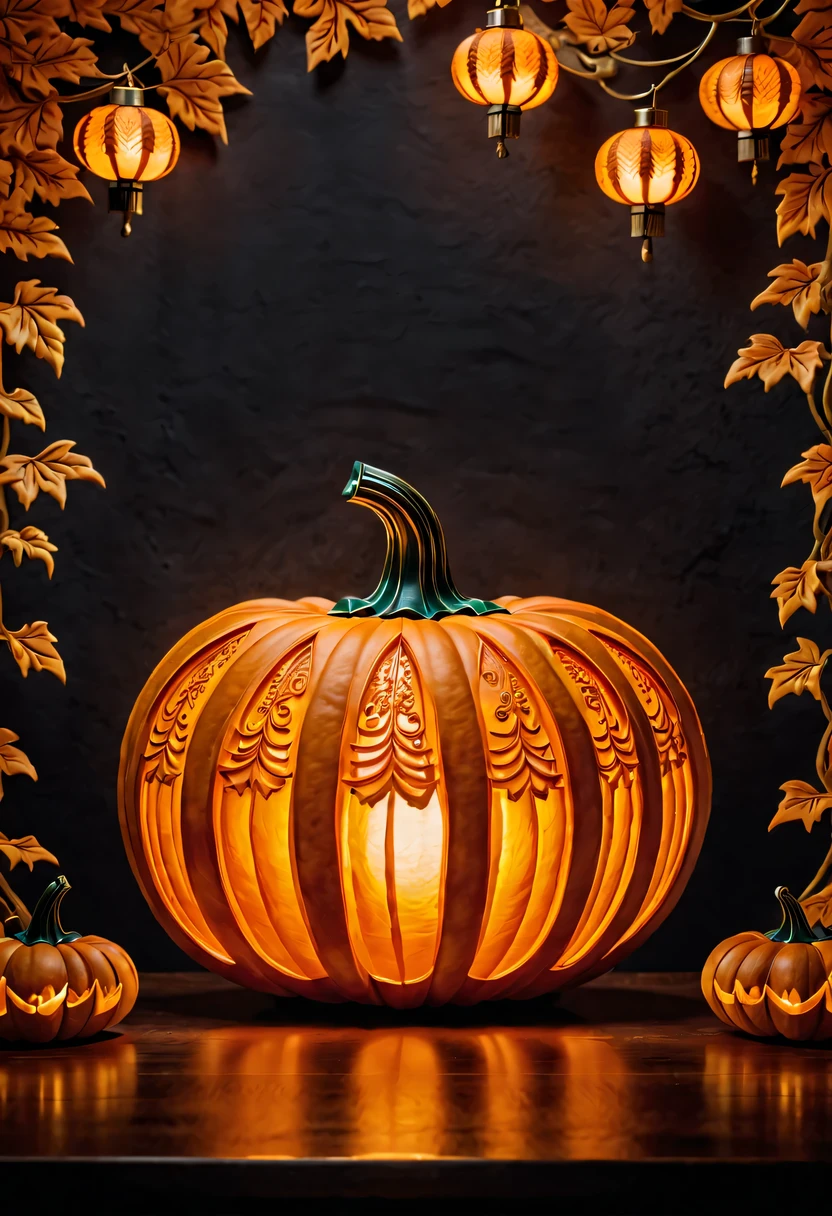 :pumpkin relief,pumpkin art,Embossed art,Elaborate relief,，surreal, high detail, detailed, lifelike, natural pumpkin color, table decorations,Engraving art pattern,Glowing lanterns，high contrast，best shadow，chiaroscuro，minimalist style